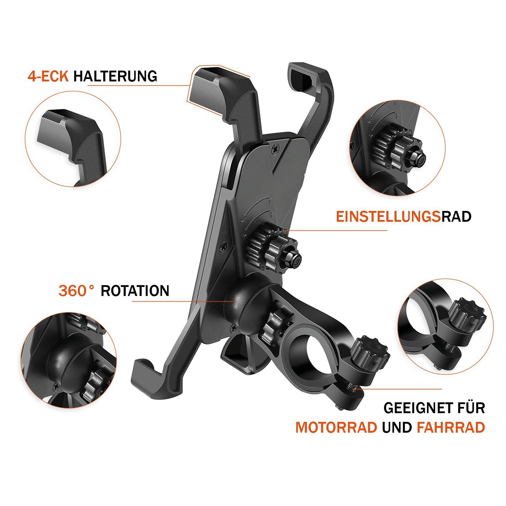 Shopbrothers Fahrrad Handyhalterung Universal Handy Motorrad E-Scooter Halterung Handy-Halterung, (bis 7,00 Zoll, Set, 1-tlg., 360 Grad Outdoor Fahrrad Halter für iPhone, Samsung, Huawei, XIAOMI)