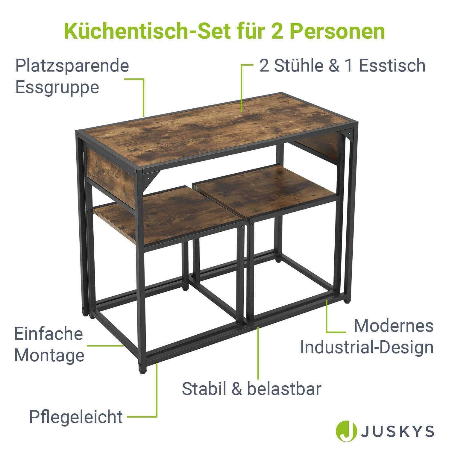 Juskys Küchentisch, 3-teilig, klein, platzsparend, für 2 Personen, Industrial Design