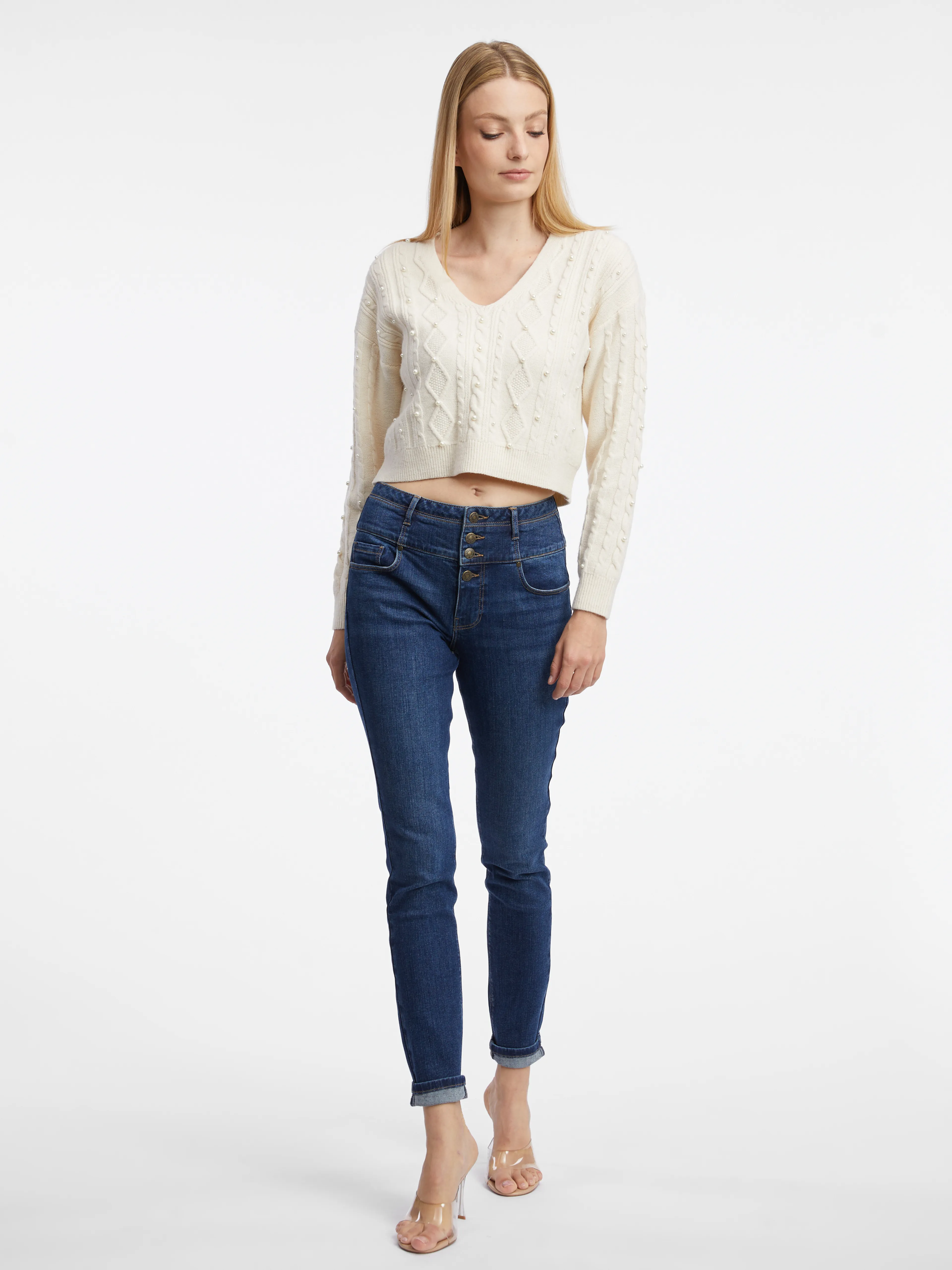 Cremefarbener Damen-Cropped-Pullover ORSAY