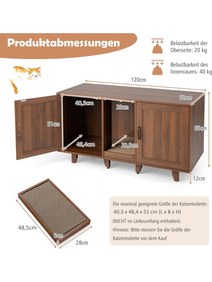 COSTWAY Katzenschrank mit 2 Türen 120x52x65cm in Hellbraun günstig kaufen 120 cm