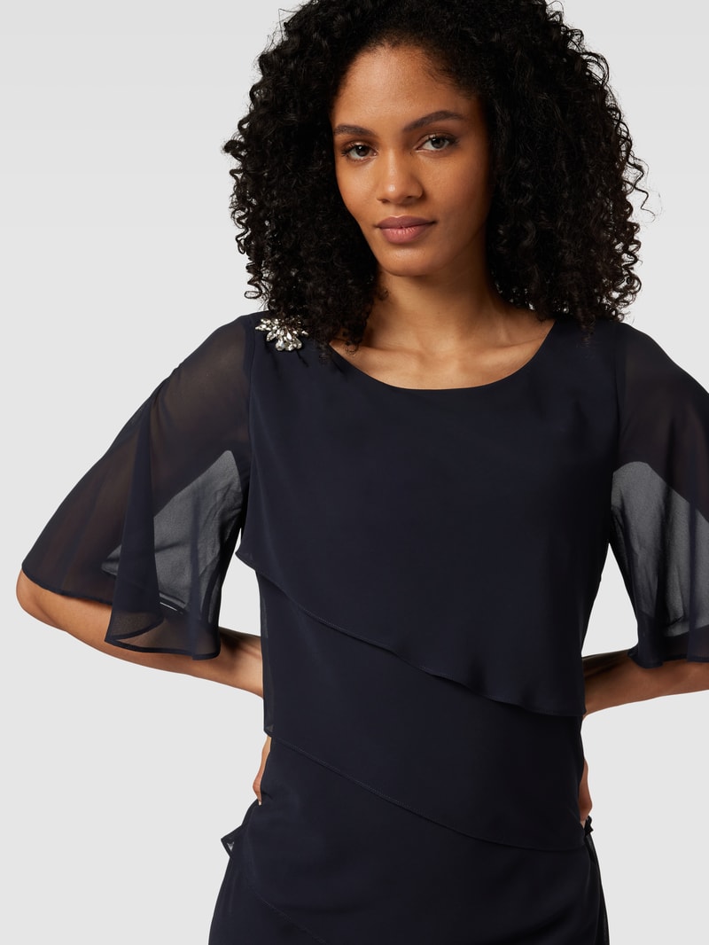 Knielanges Cocktailkleid mit Volants in marineblau meliert