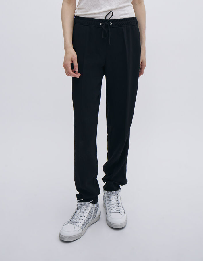 Pantalon droit noir en crêpe avec ceinture élastique pour femme