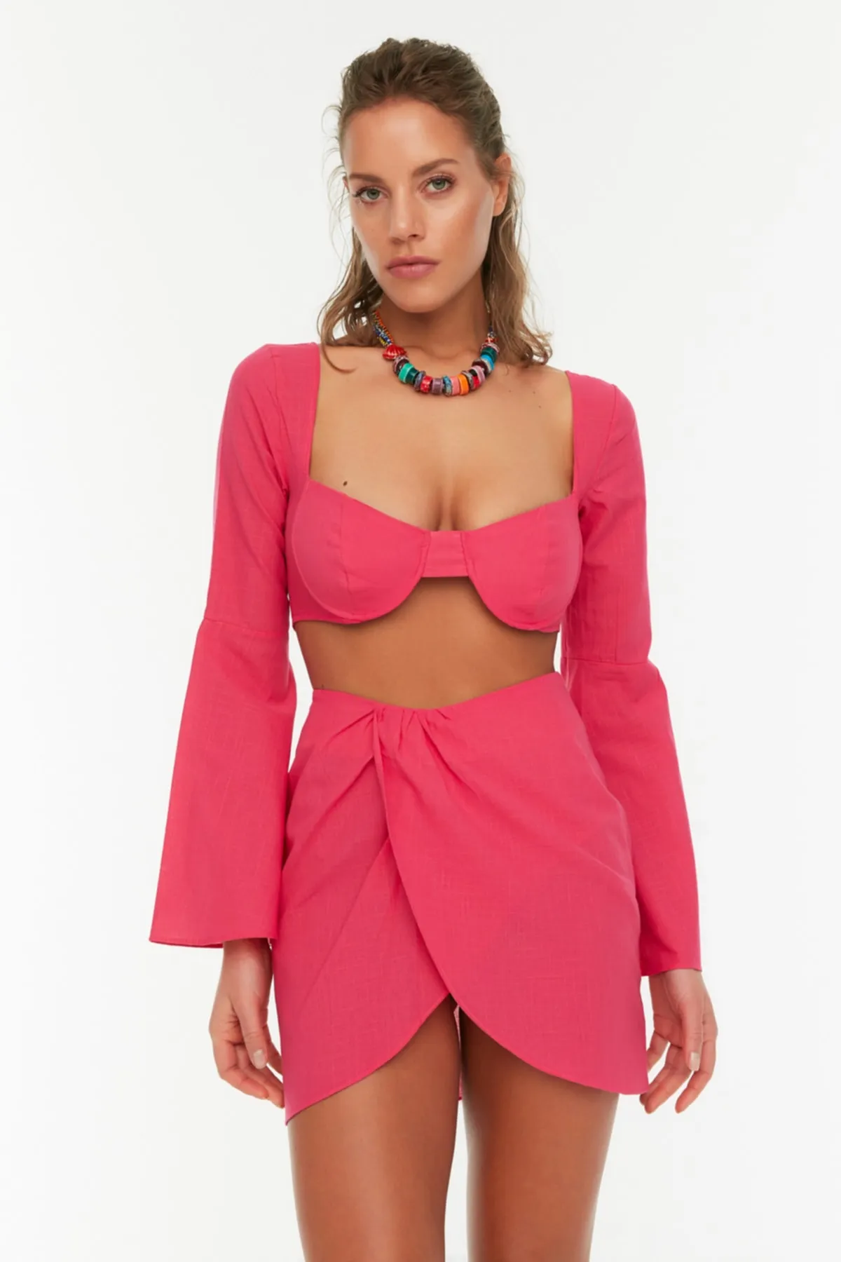 Trendyol Collection  Fuchsia Langärmlige Strandbluse - Strandrock-Set TBESS22AU0047