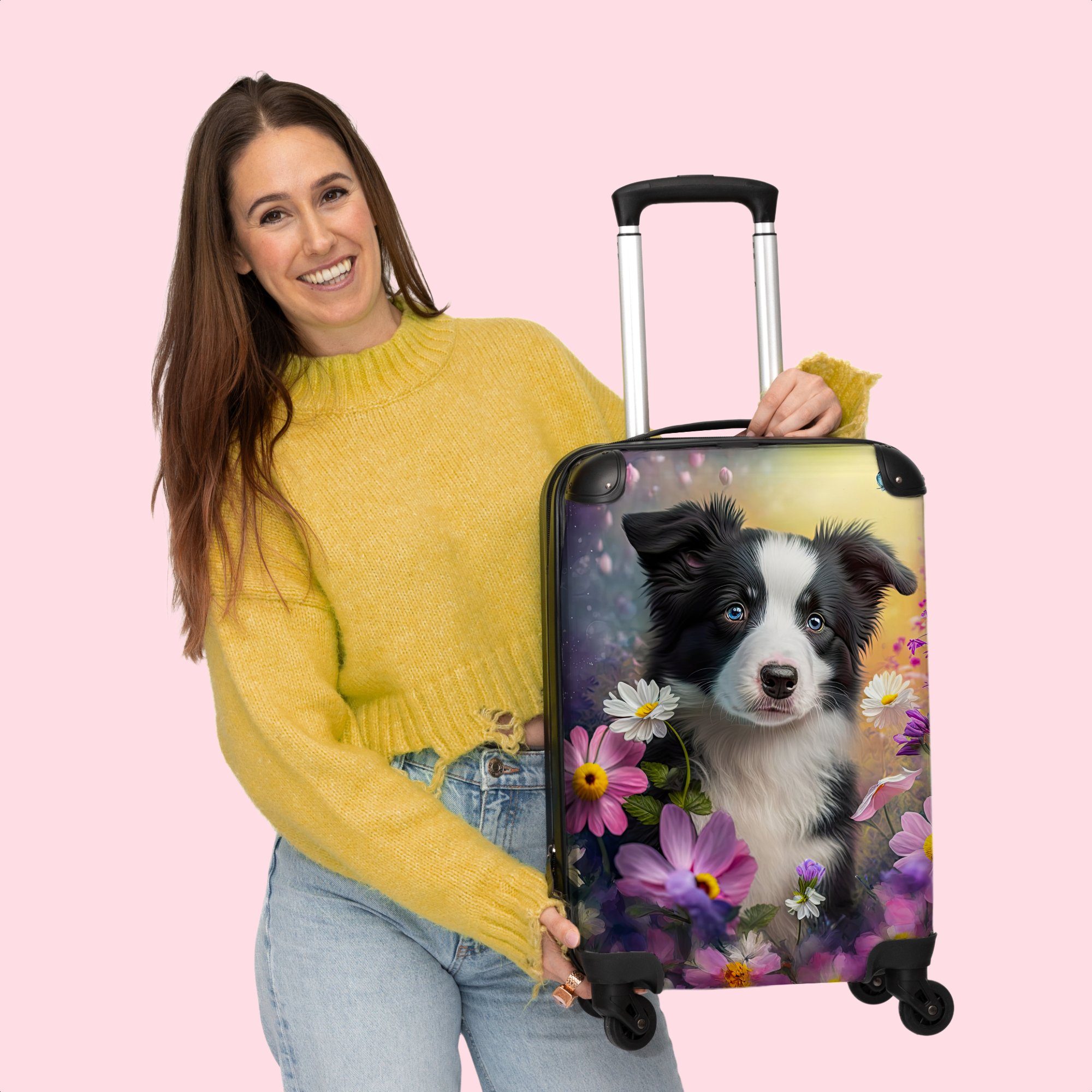 NoBoringSuitcases.com© Handgepäckkoffer 55x35x20cm Hund - Blumen - Natur - Welpe - Border Collie, 4 Rollen, Handgepäck Trolley Rollkoffer Kleine Reisekoffer mit 4 Rollen - Cabin