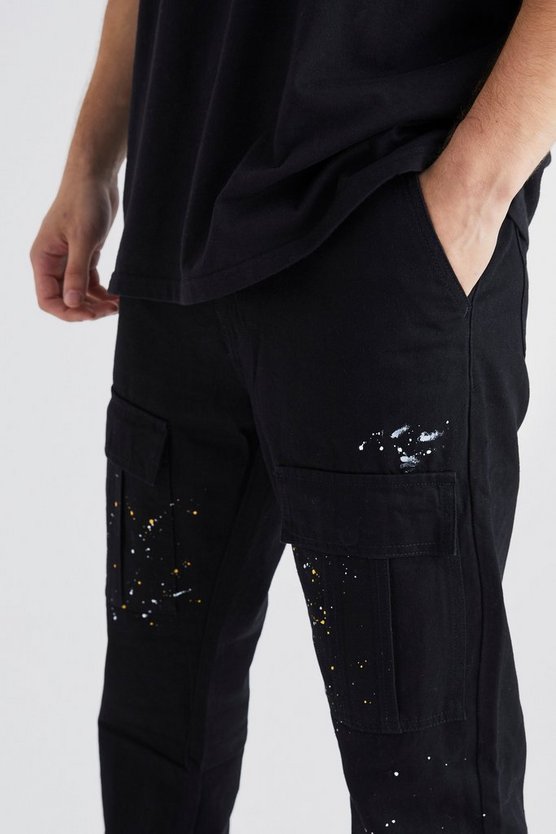 Tall Slim-Fit Cargohose mit Reißverschluss und Farbspritzern