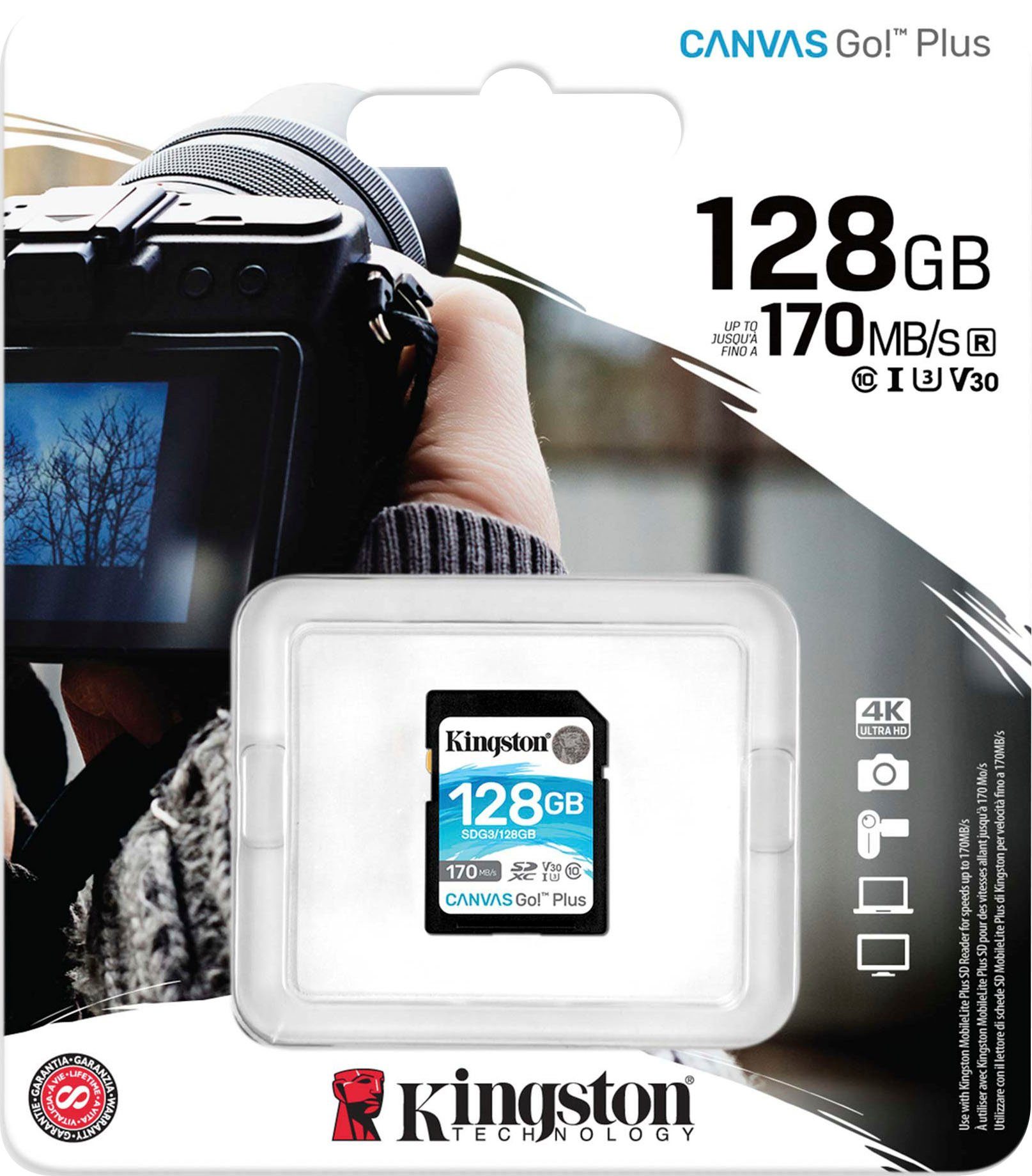 Kingston Canvas Go Plus microSD 128GB + ADP Speicherkarte (128 GB, Video Speed Class 30 (V30)/UHS Speed Class 3 (U3), 170 MB/s Lesegeschwindigkeit)