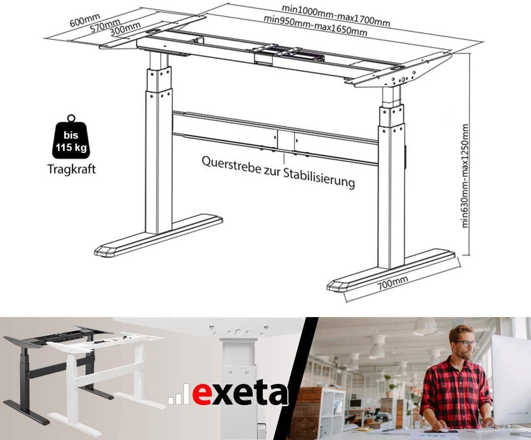 exeta Schreibtisch Exeta ergoPRO Elektrisch höhenverstellbarer Schreibtisch mit 2 Motoren, elektrische Höhenverstellung von 63cm bis 125cm,flexible Gestellbreite