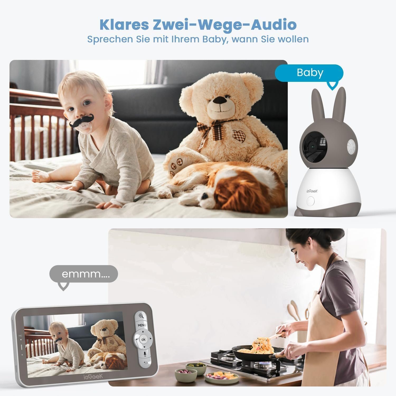ieGeek Babyphone Babyphone mit Kamera 2K 3MP 5 Zoll WLAN Video babyfone PTZ 355°, 5