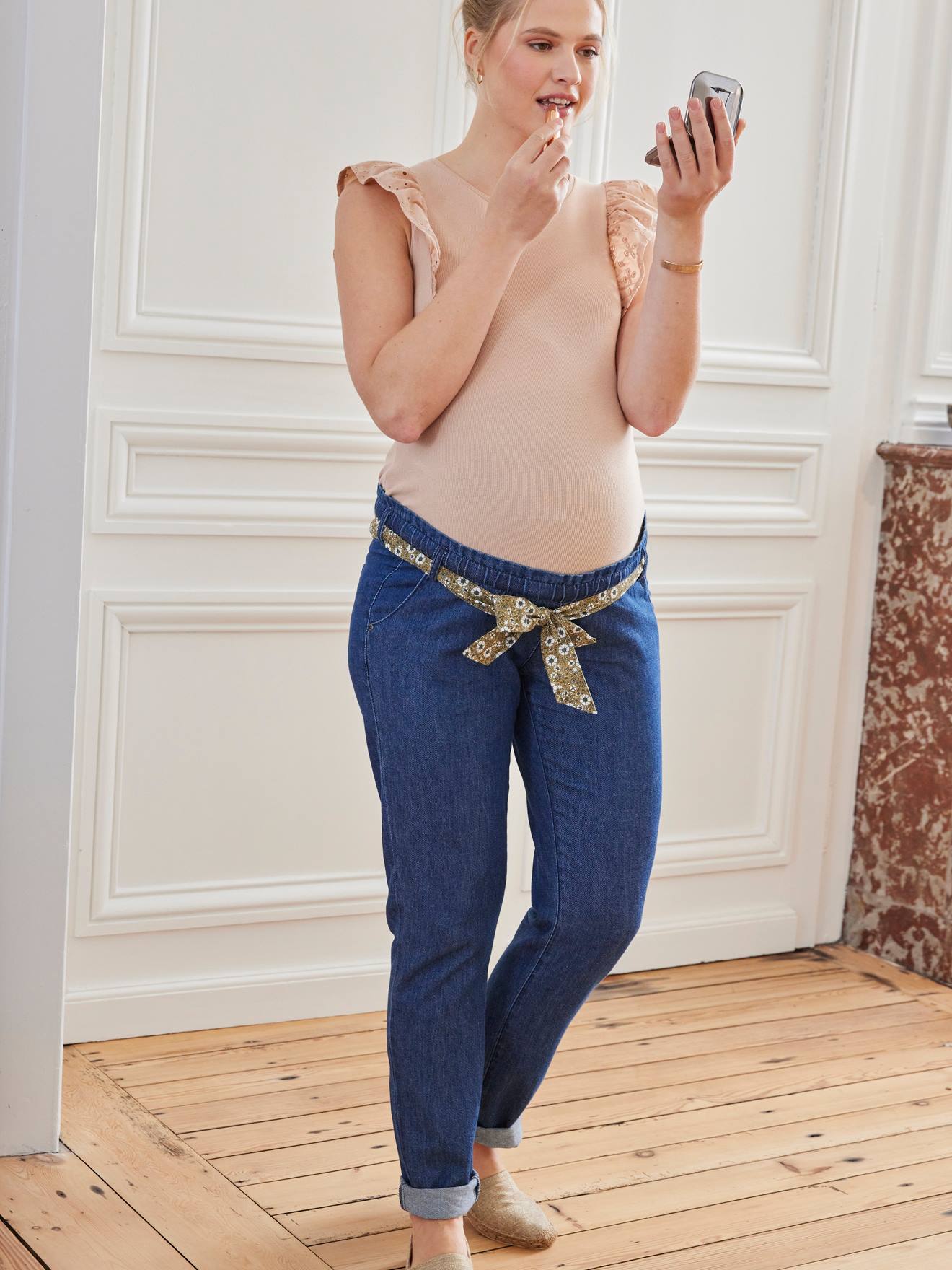 T-shirt bi-matière de grossesse beige poudré