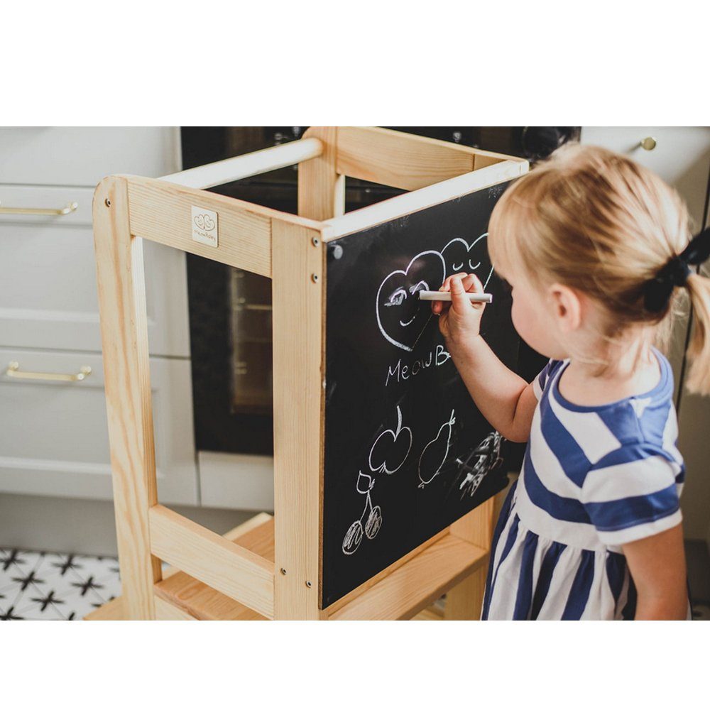 MeowBaby Stehhilfe Lernturm für Kinder Montessori Lernstuhl mit Kreidetafel Natur (1 St), Kinderhocker, Höhenverstellbar, Abgerundete Ecken & Kanten