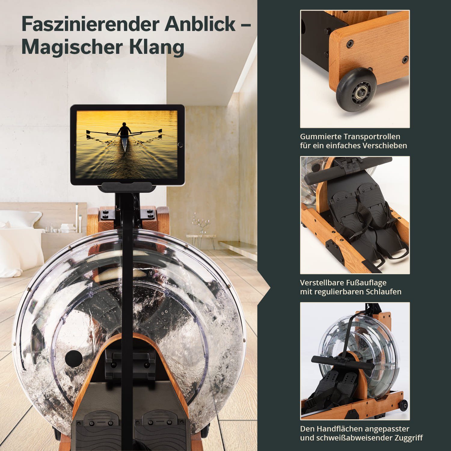 Skandika Rudergerät Lykke Wasserrudergerät, 90° Tank, Holz Rudergerät, Kinomap App kompatibel, massives Buchenholz