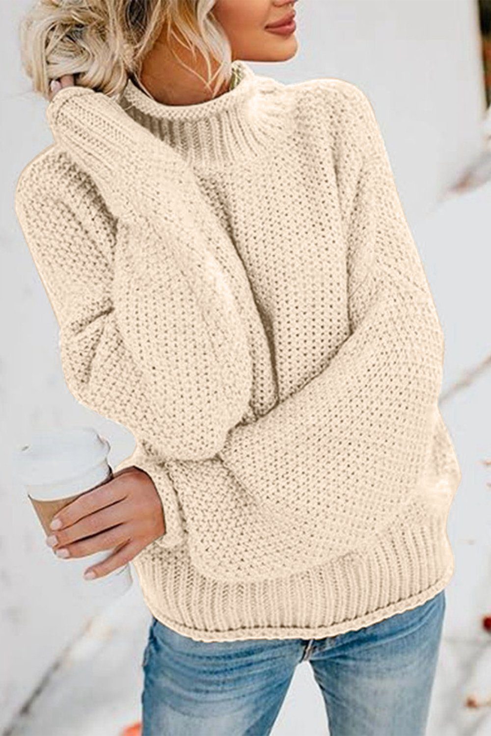 B.X Rollkragenpullover Damen Strickpullover Oversize Lang Warm Rundhals