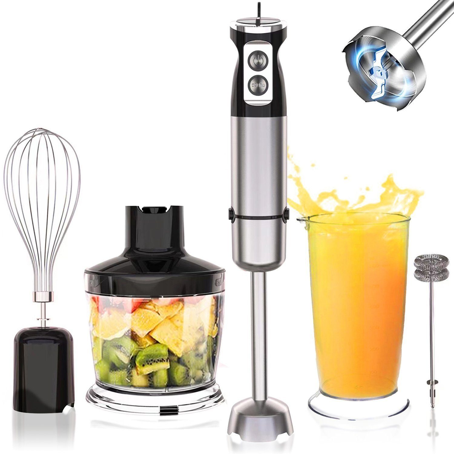 Yaviel Stabmixer Pürierstab Set Elektrische Kabellos 5 in 1 Mixstab Hand Blender Mixer, Edelstahl 1000w Handmixer Zauberstab mit 12 Geschwindigkeitsstufen