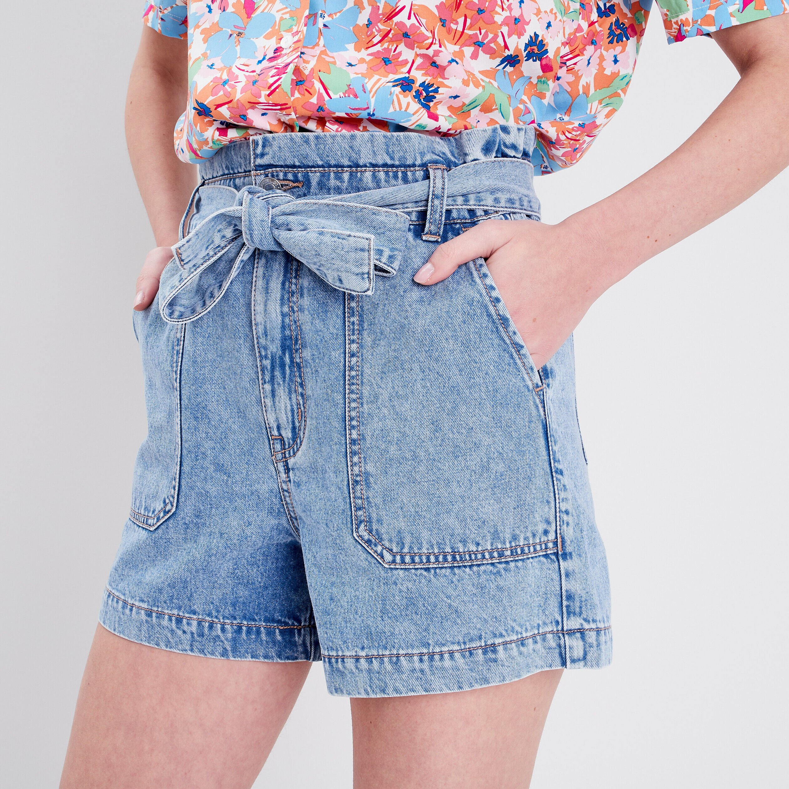 Short ceinturé denim double stone femme | Cache Cache
