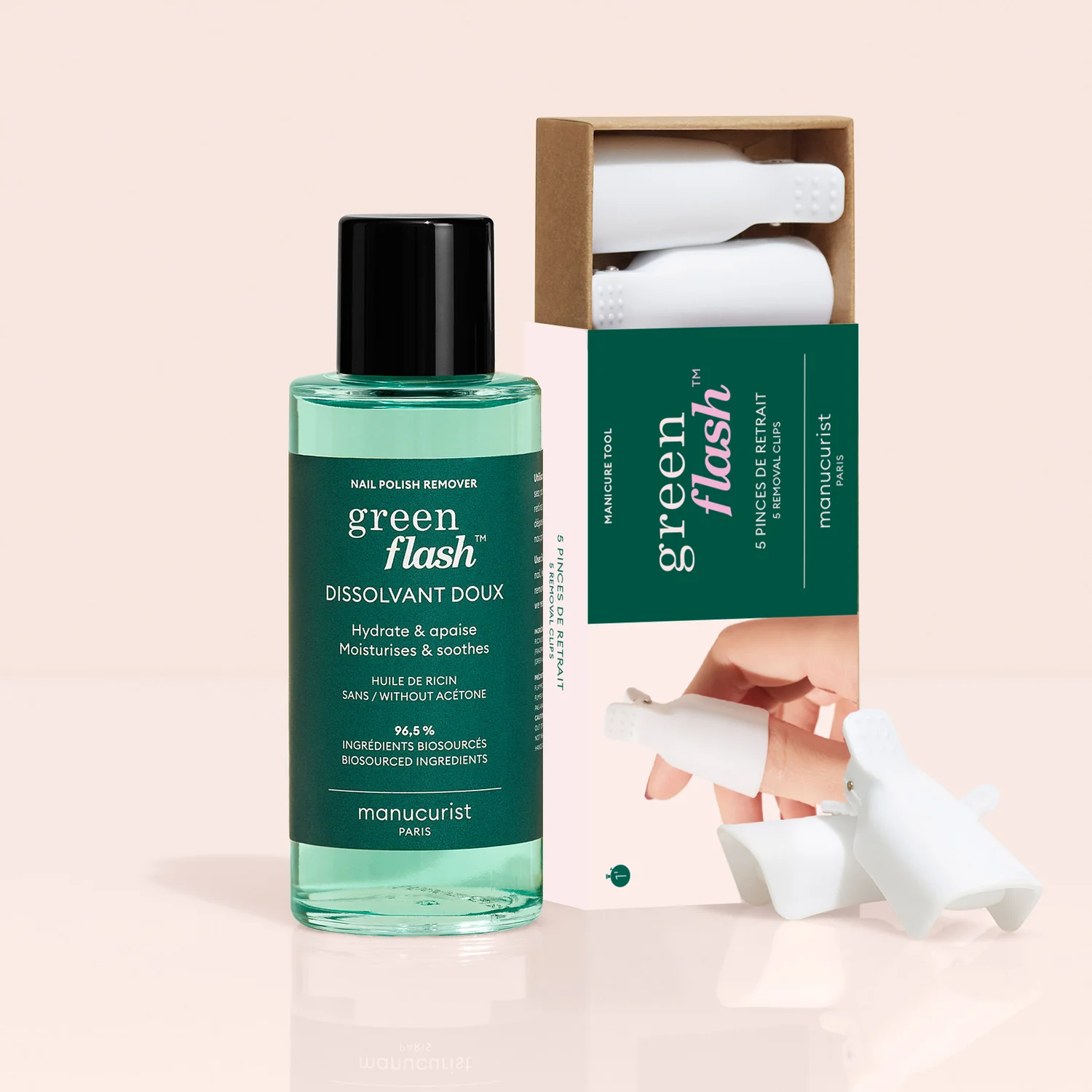 Poltrajni LED Green Flash™ - 100 ml Duo: Odstranjevalec in odstranjevalec laka za nohte Gentle Green Flash™ s pinceto