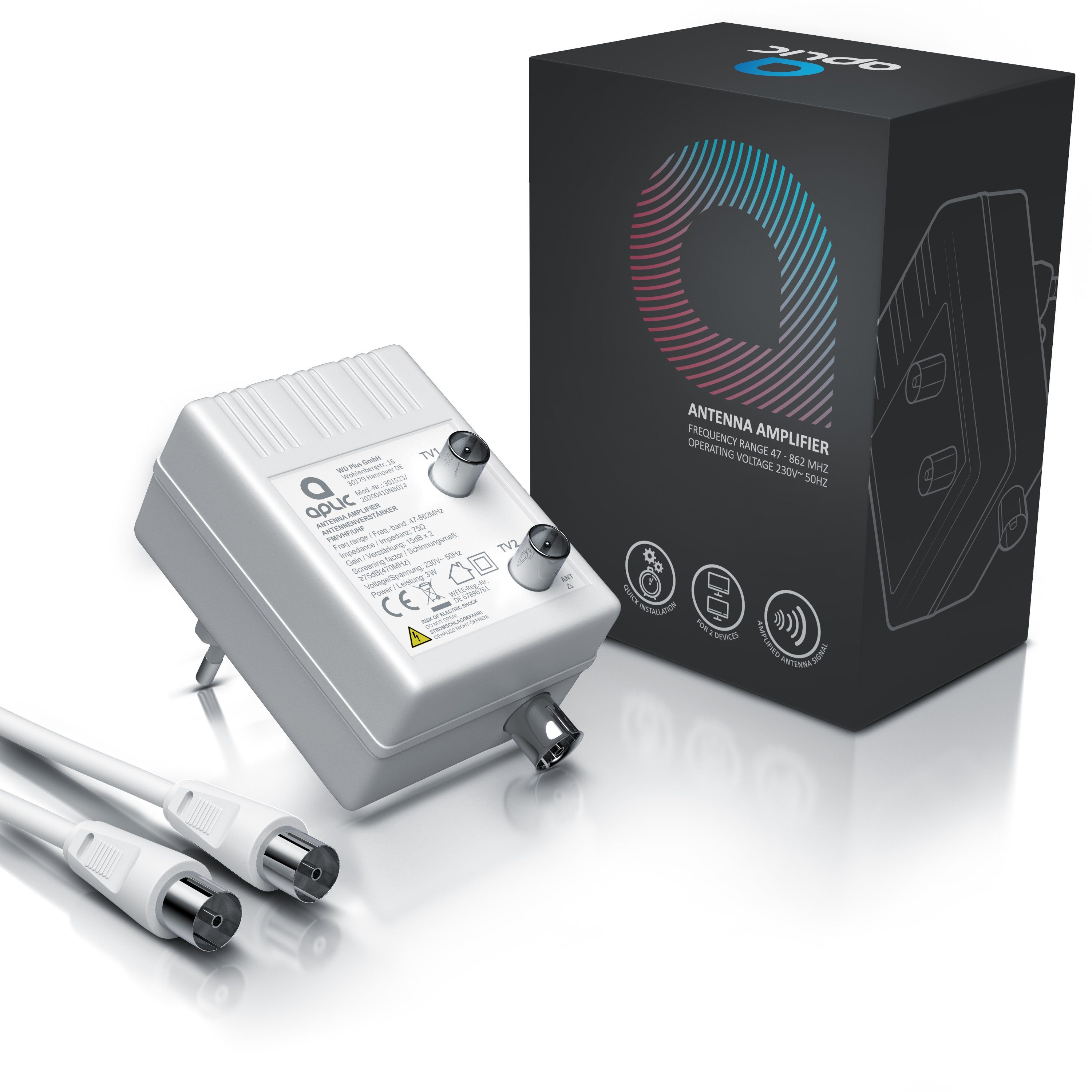 Aplic Verstärker (DVB-T2, Kabel TV, Radio Antennenverstärker, 2x 15 dB Signalverstärkung)