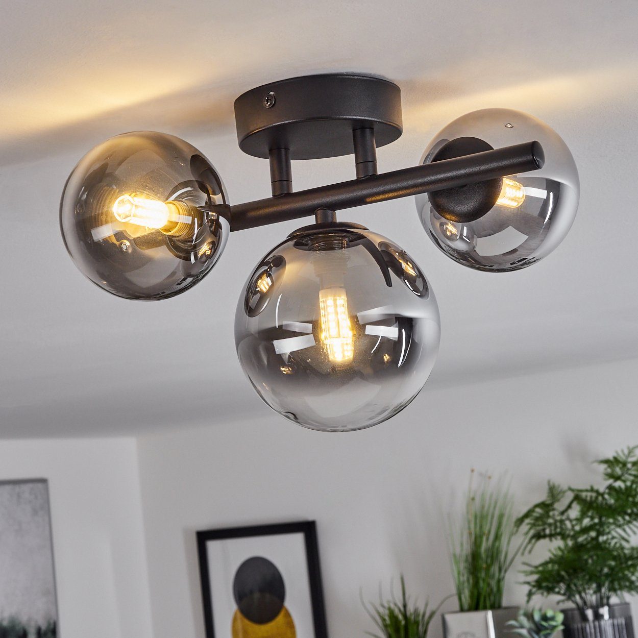 hofstein Deckenleuchte Isorella moderne Deckenlampe aus Metall/Glas in Schwarz/Rauchfarben, ohne Leuchtmittel, Leuchte im modernen Design mit Schirmen aus Rauchglas, 3xG9