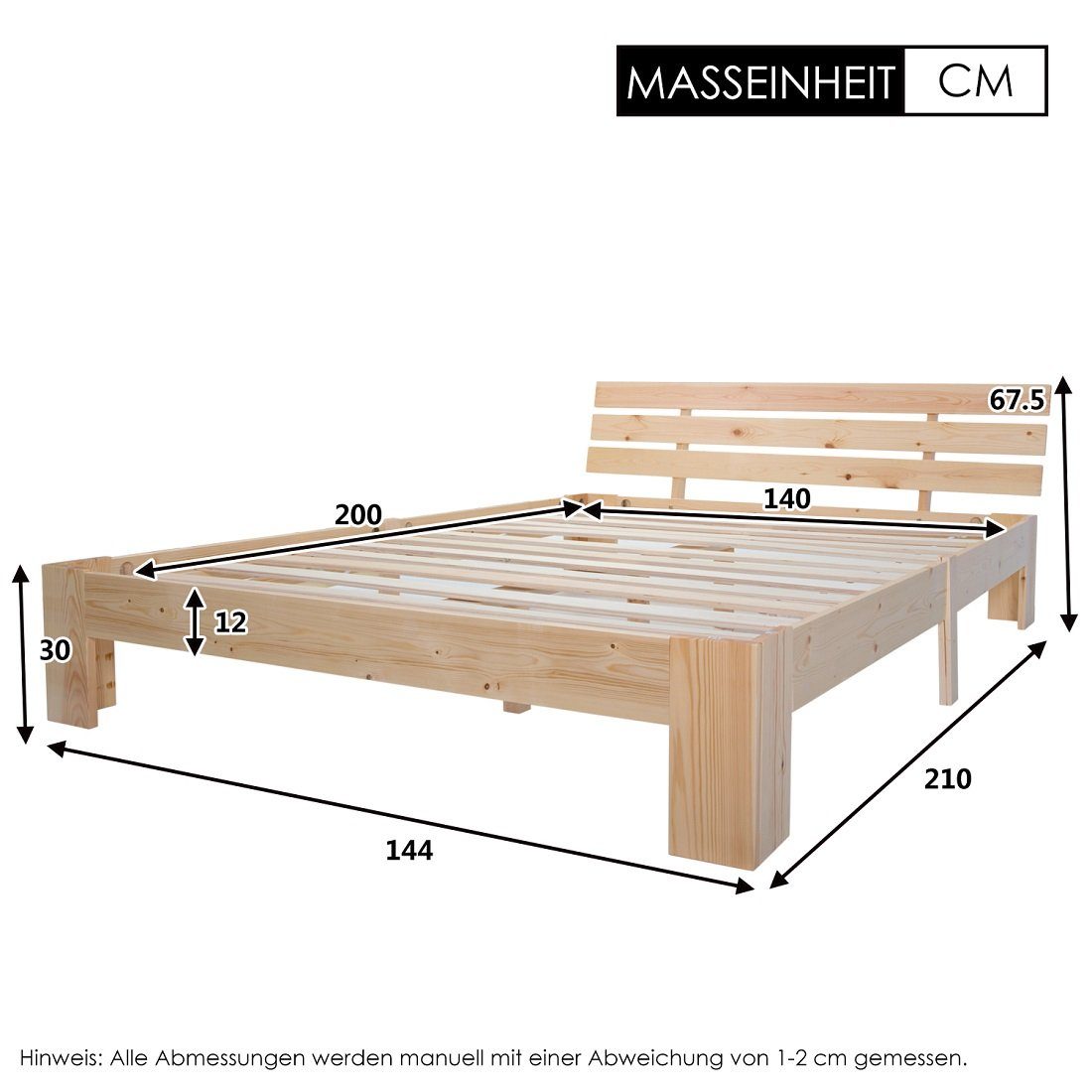 OKWISH Holzbett Doppelbett (mit Kopfteil aus Bettgestell mit Lattenrost, Massivholz FSC Massiv Doppelbett als Kieferbett verwendbar), 140x200 cm