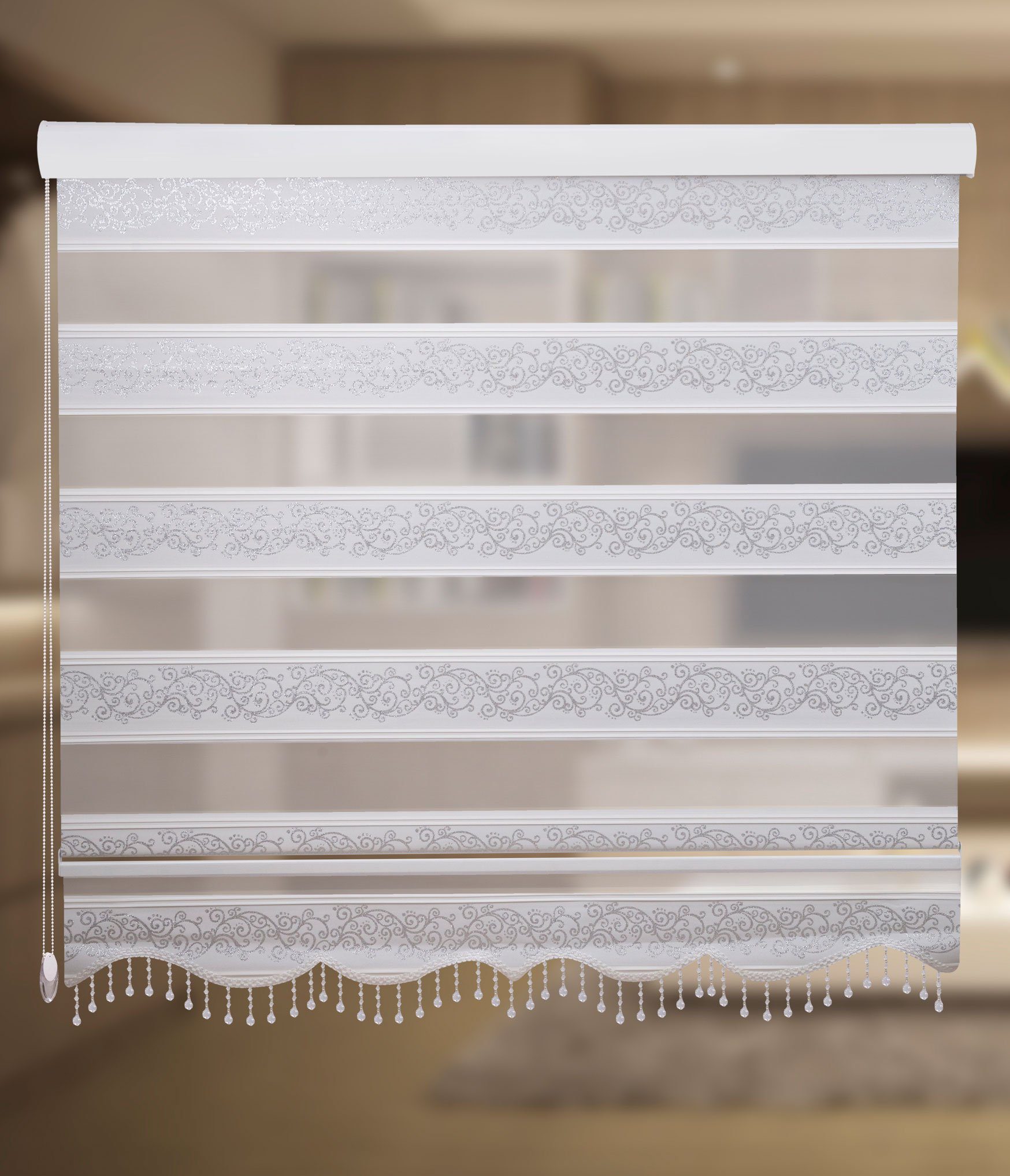 Doppelrollo Doppelrollo Duorollo mit Kassette Rankenmuster und Perlen Höhe: 200 cm, Plisseeonline, blickdicht, Deckenmontage, Freihängend, Deckenmontage mit Clips, Mit Motiv und Alu Kassette in Weiß Gold Schwarz