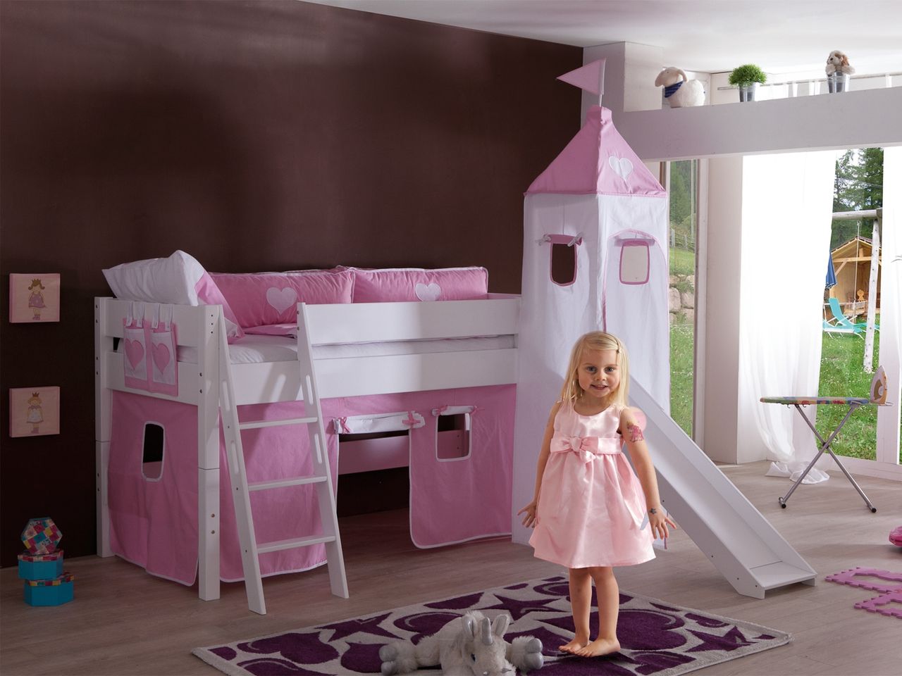 Relita Spielbett KIM 90x200 cm, mit Rutsche,Turm Buche weiß lackiert Stoffset rosa/weiß/herz