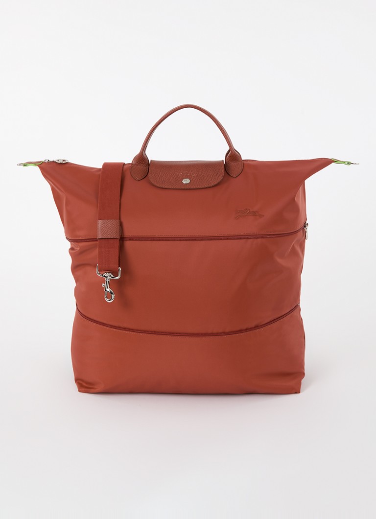 Longchamp Le Pliage Green laajennettava matkalaukku nahkayksityiskohdilla