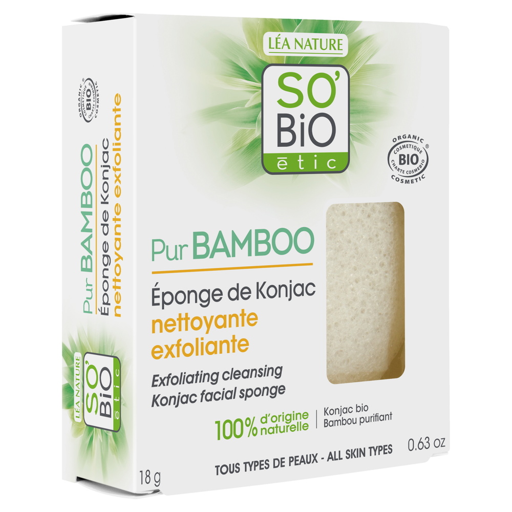 LÉA NATURE SO BiO étic Éponge de Konjac nettoyante exfoliante,tous types de peaux, Pur Bamboo Eponge