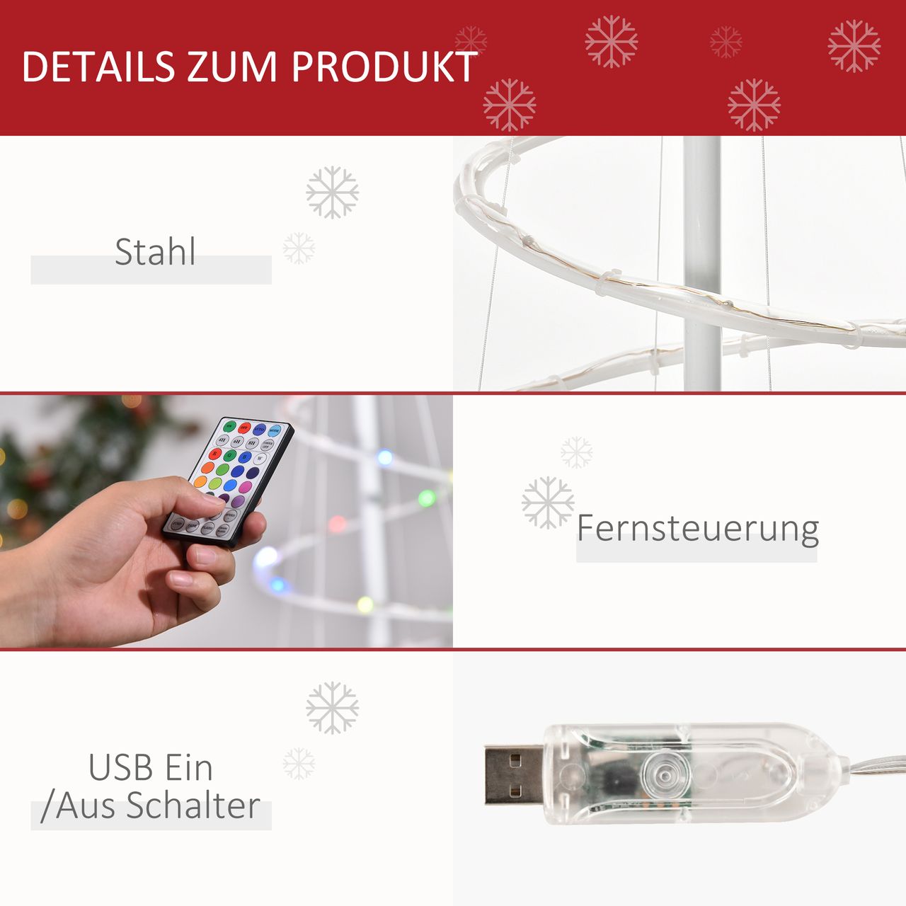 Outsunny LED Spiralbaum Weihnachtsbaum mit 135 Mini-Lichtern Christbaum Lichterbaum für Innen und Außen Weihnachtsdekoration PP-Kunststoff Metall Weiß Ø55 x 183 cm