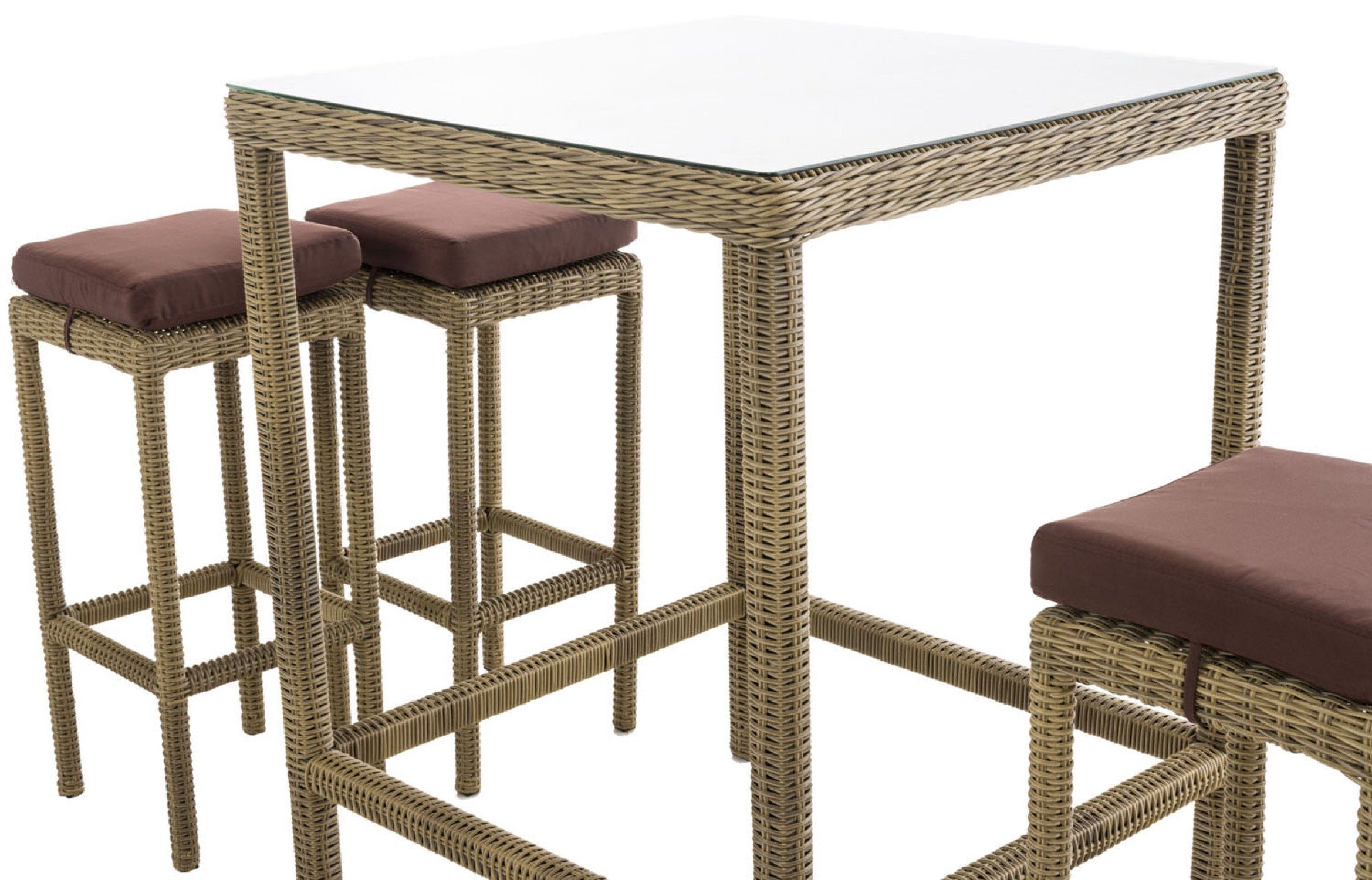 TPFGarden Gartenbar-Set Alina - aus 5mm Polyrattan und Aluminium-Gestell, (Stehtisch-Set mit 4 Hockern und Kunstlederauflagen, Gartenlounge-Set - wasserfest, pflegeleicht und UV-beständig), Maße (TxBxH): Tisch 84 x 84 x 110,5cm - Hocker 37 x 37 x 74,