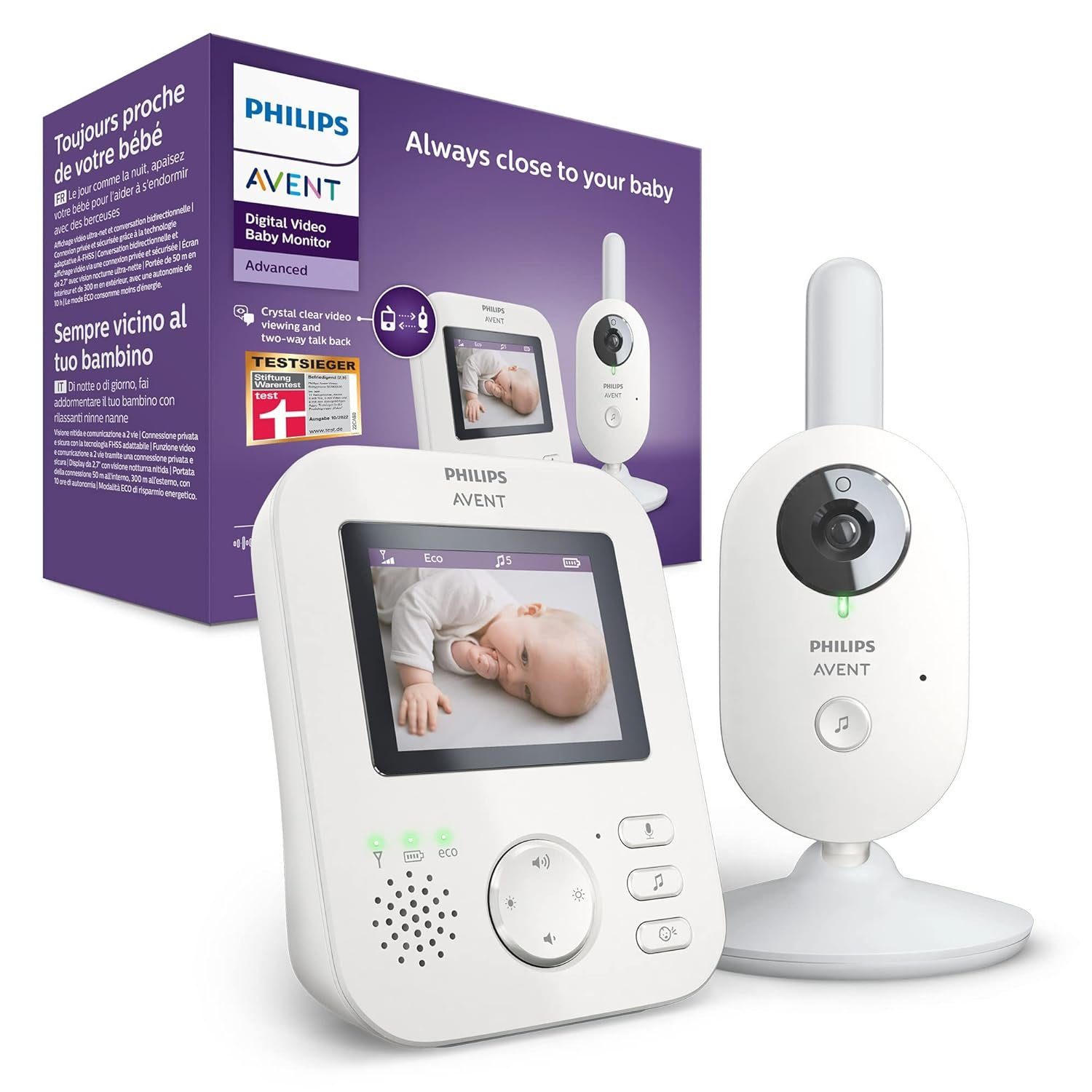 Philips Video-Babyphone Kinderkamera, Baby Kamera, Babyphone, FHSS-Technologie, Eco-Mode, Nachtsicht,300m Reichweite,Strahlungsarm, Audio-Überwachung, Mikrofon, Babykamera mit Monitor, Video Kamera, Halterung, Philips Avent, Babyphone mit kamera, Cam