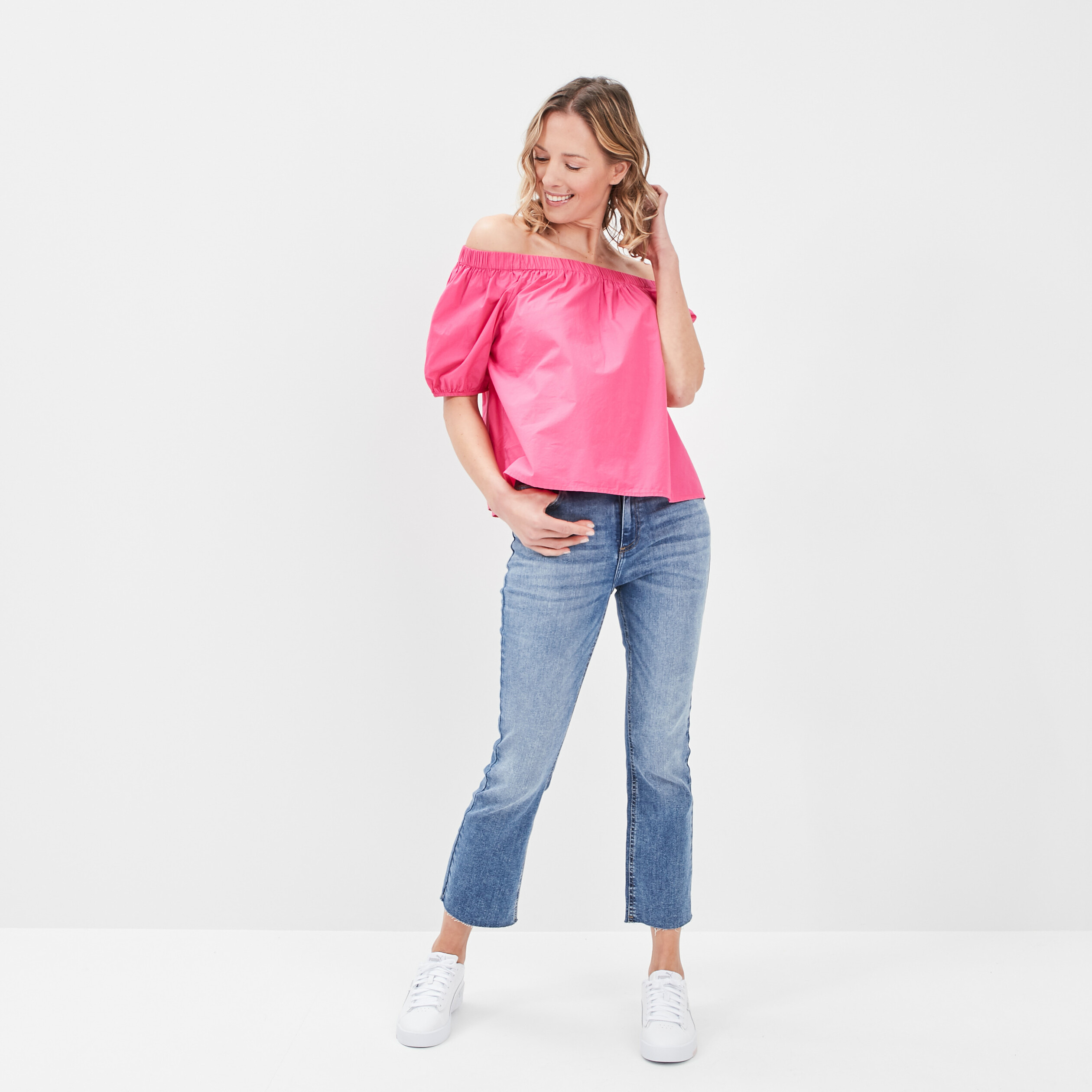 Blouse col bardot manches 3 4 rose fushia femme | La Halle