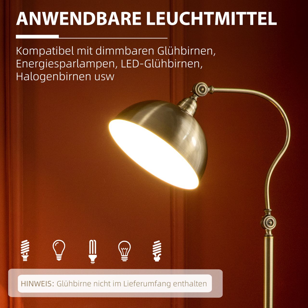 HOMCOM Stehleuchte im Vintage-Design, verstellbare Stehlampe für Wohnzimmer