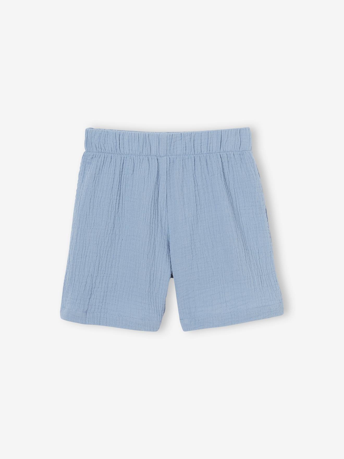 Pyjashort skate garçon en gaze pur coton bleu ciel