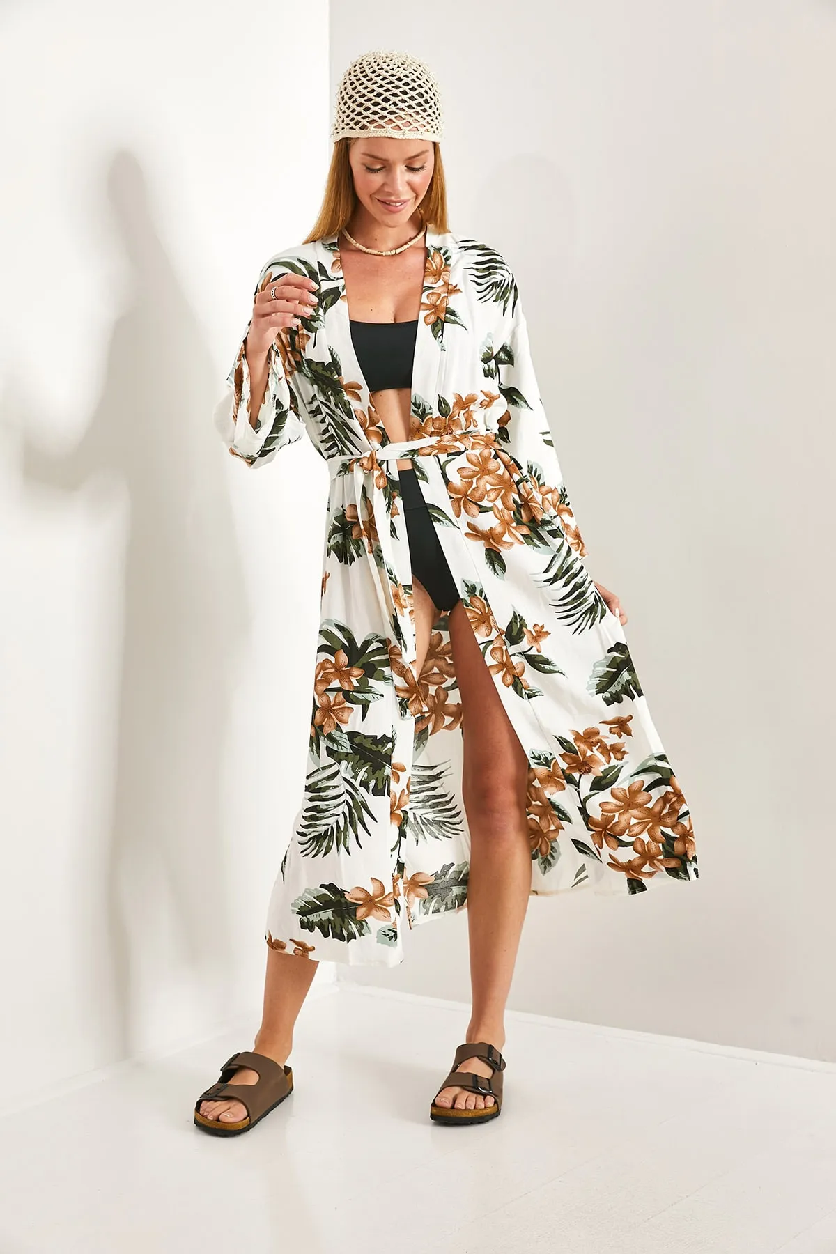 Bianco Lucci  Mehrfarbig gemusterter Damen-Kimono mit Gürtel