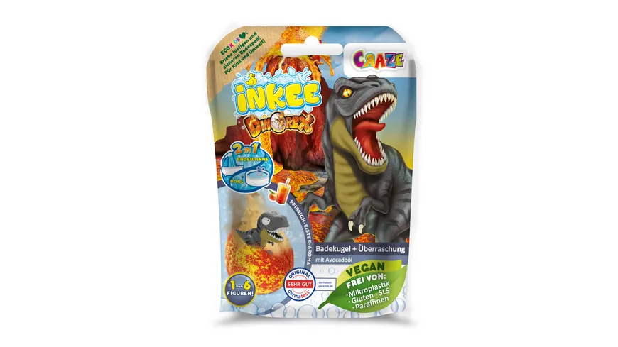 CRAZE - INKEE Dinorex Badekugel mit Himbeerduft - mit Überraschung (1 von 5 Dino-Figuren) 80 ml