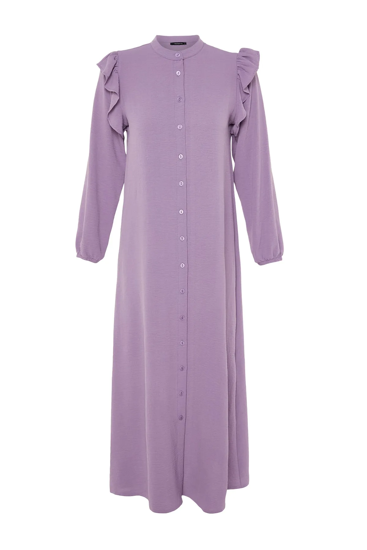 Trendyol Modest  Lilafarbenes, gewebtes Aerobin-Hemdkleid mit Rüschen an den Schultern TCTSS23EB00107
