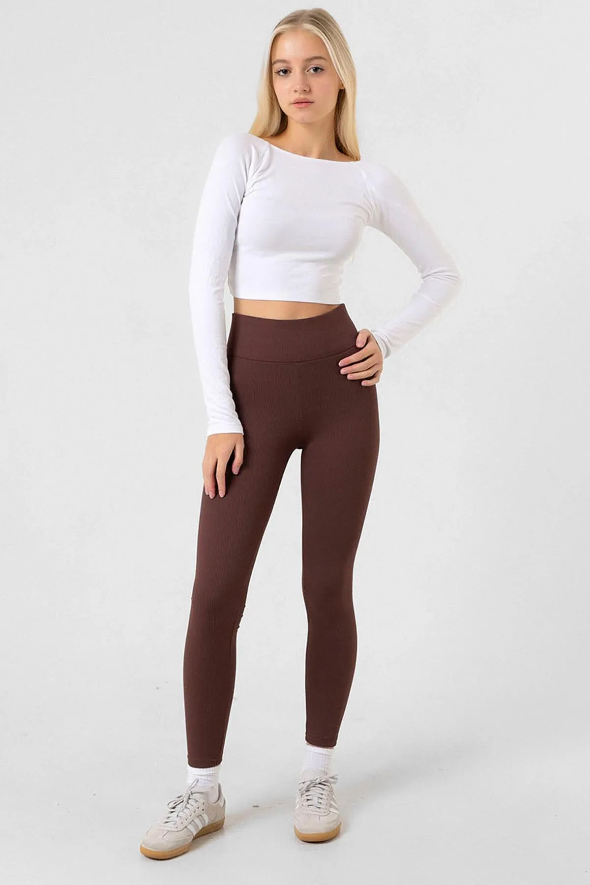 Domoda  Braune Fleece-Innenseite, elastisch, erhöht, gerippt, geraffte Interlock-Winterstrick-Leggings @verona
