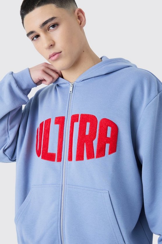 Kastiger Oversize Hoodie mit Reißverschluss und Borg-Applikation