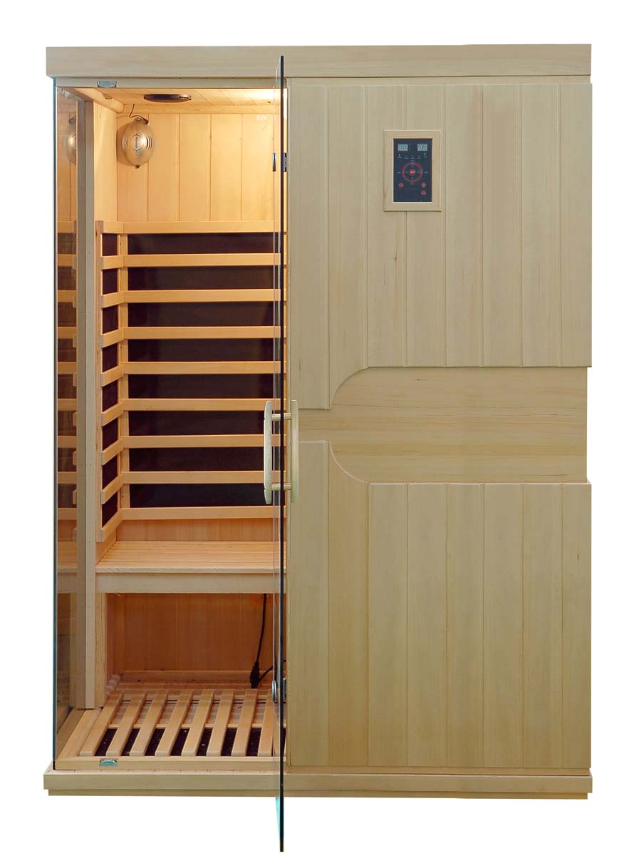 PureHaven Infrarotkabine 150x110x195 cm aus kanadischem Hemlock-Holz Bluetooth-Soundsystem Timer Lichttherapie in 4 Farben digitale Steuerung