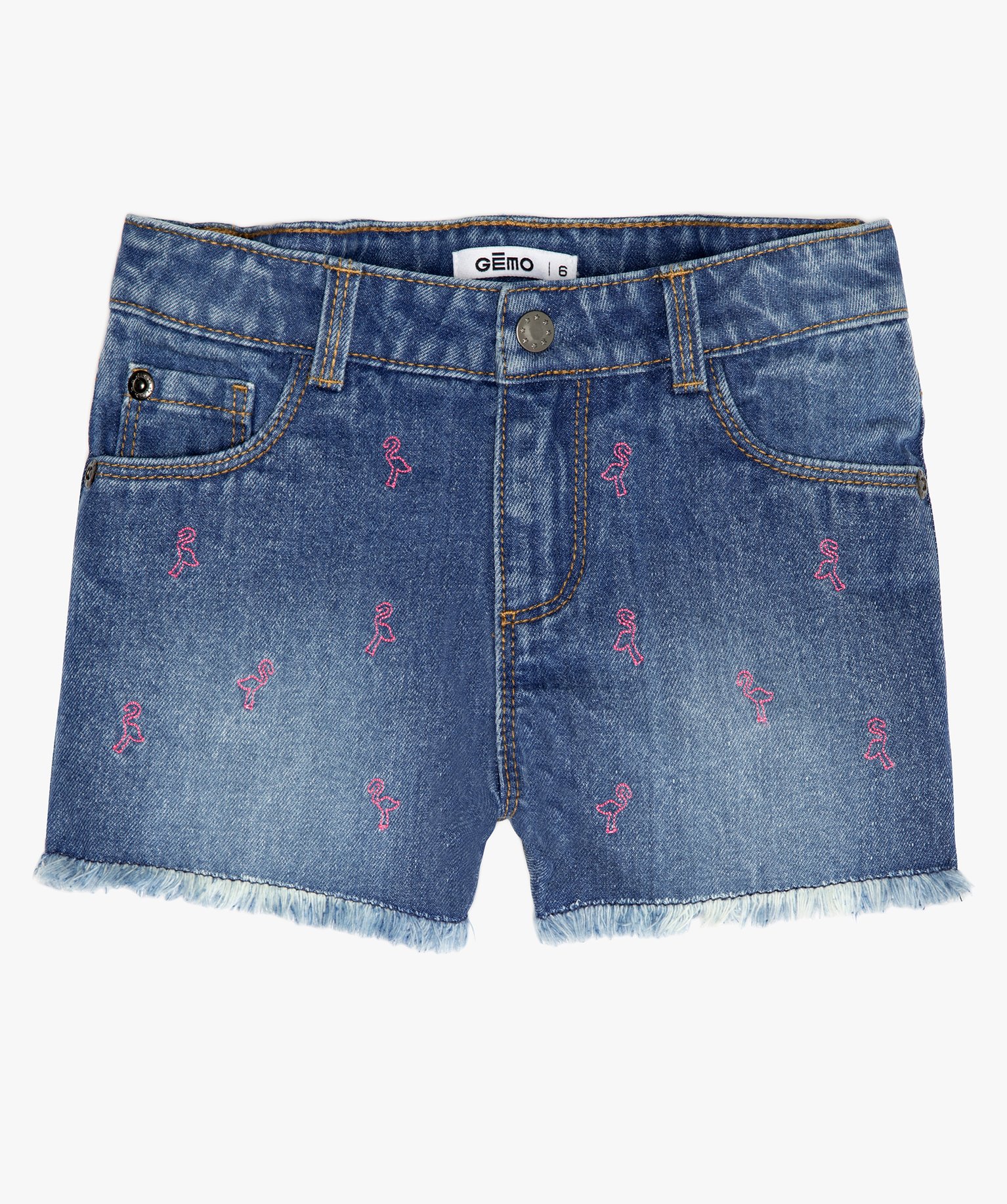 Short fille en jean avec petits motifs brodés et franges denim | GEMO