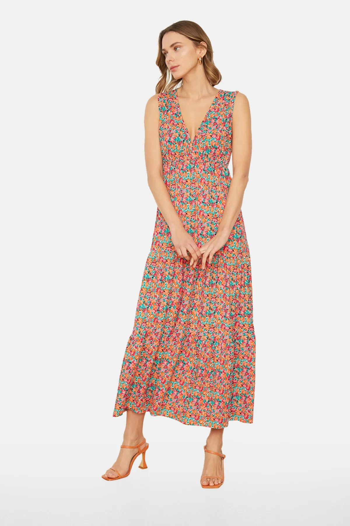 Trendyol Collection  Mehrfarbiges, floral gemustertes, ärmelloses Maxi-Strickkleid in A-Linie mit V-Ausschnitt TWOSS22EL1588