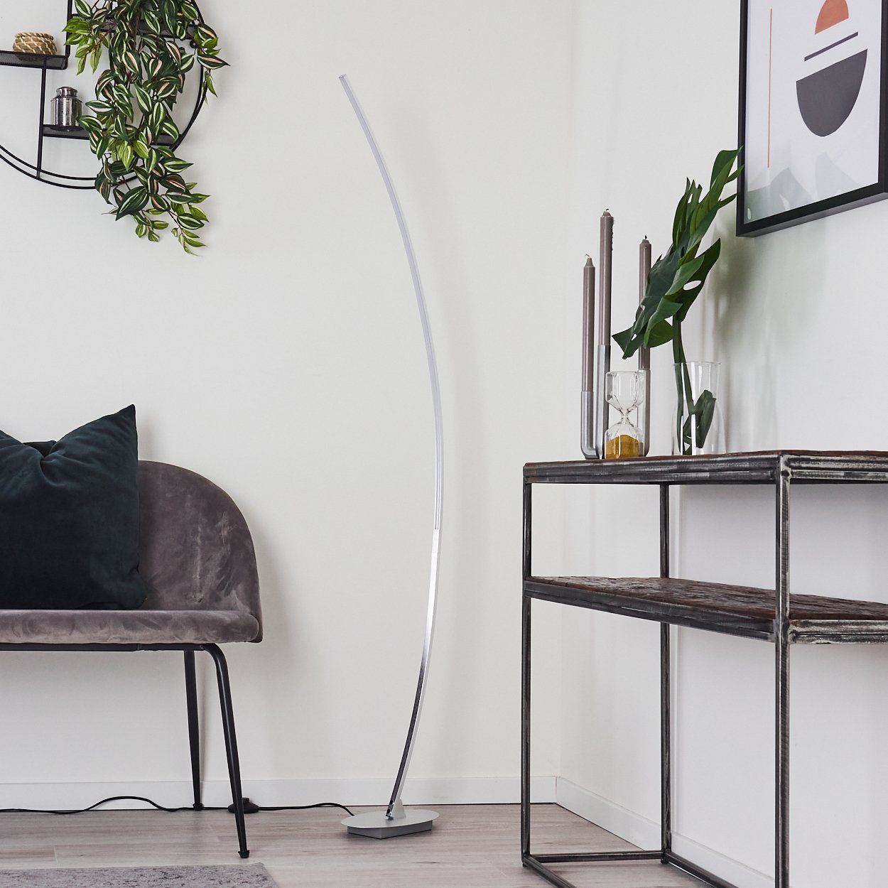 hofstein Stehlampe Brie LED Designer Standlampe in Aluminiumgebürstet, gebogene Stehleuchte mit Fußschalter und Kabel, halbrund, Leselampe