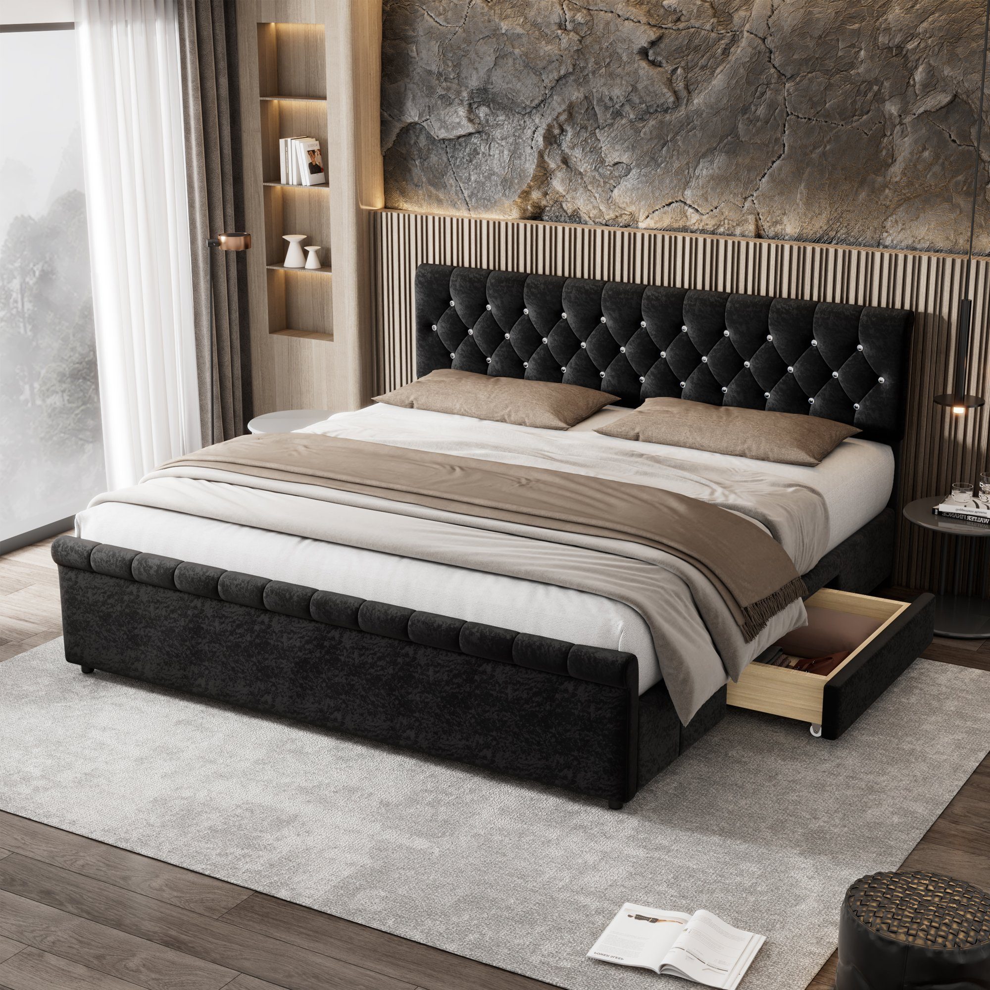 OKWISH Polsterbett Jugendzimmer (mit Lattenrost und Rückenlehne, Doppelbett mit 2 Schublade, Kopfteil mit diamantförmigen Zugpunkten Schlittenform), Einfache Montage, Schneeflocken-Vlies, schwarz