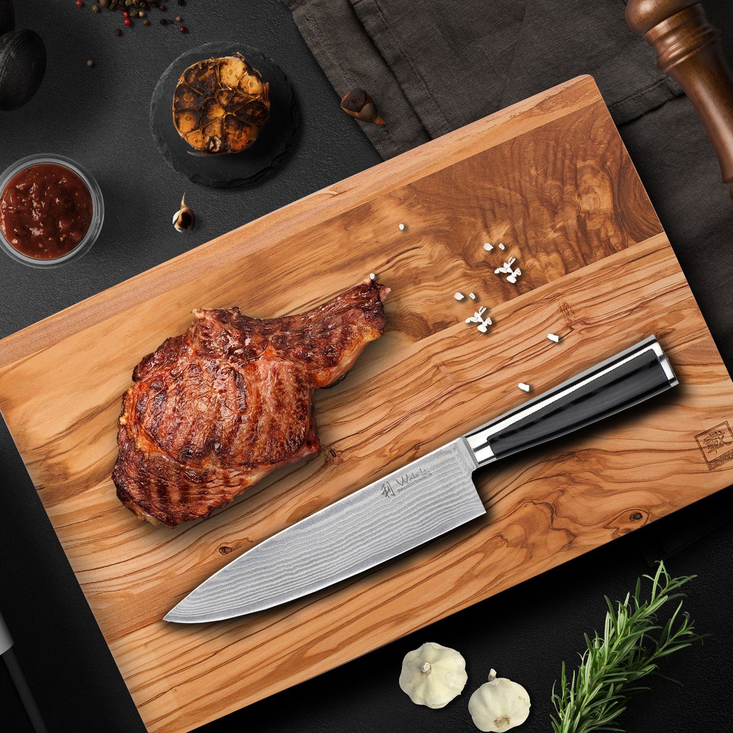 Wakoli Kochmesser Damast Chefmesser, Klinge 20,00 cm Länge Mikatagriff - Serie Migan