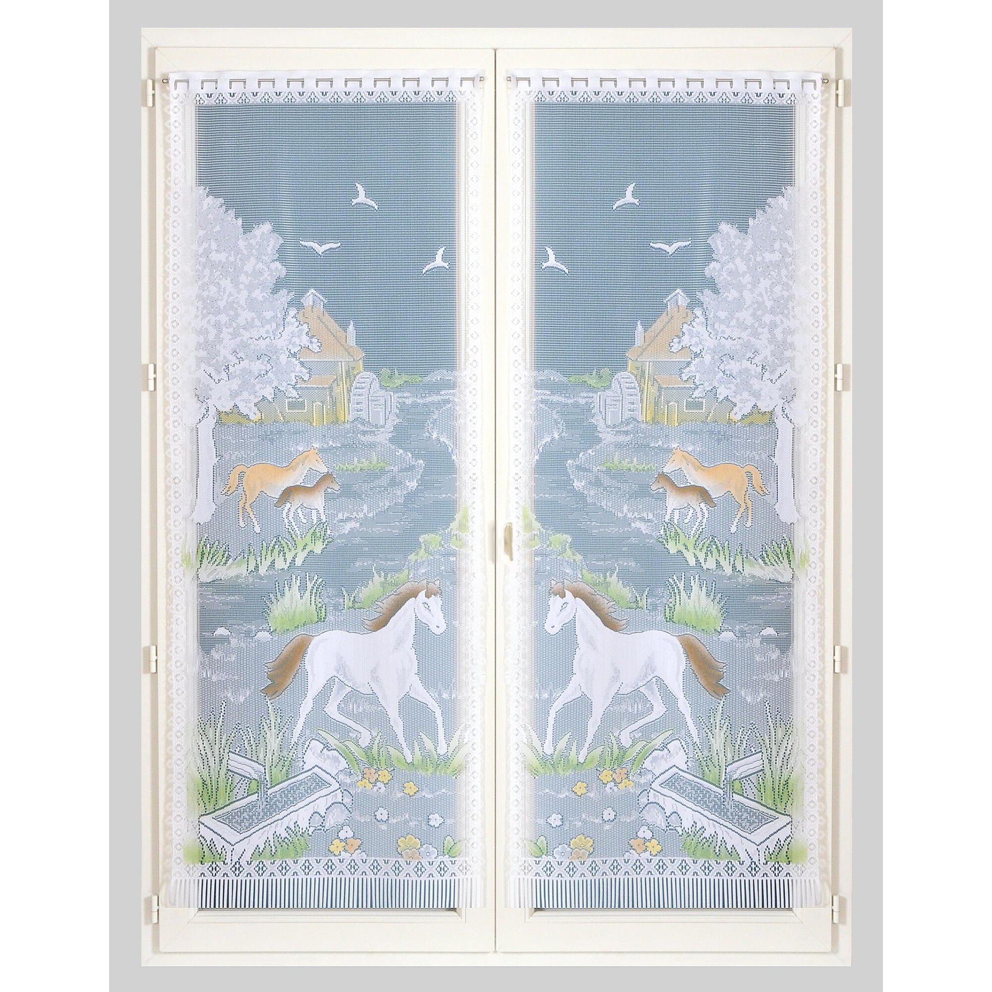 Vitrages droits motifs chevaux finition passe-tringle