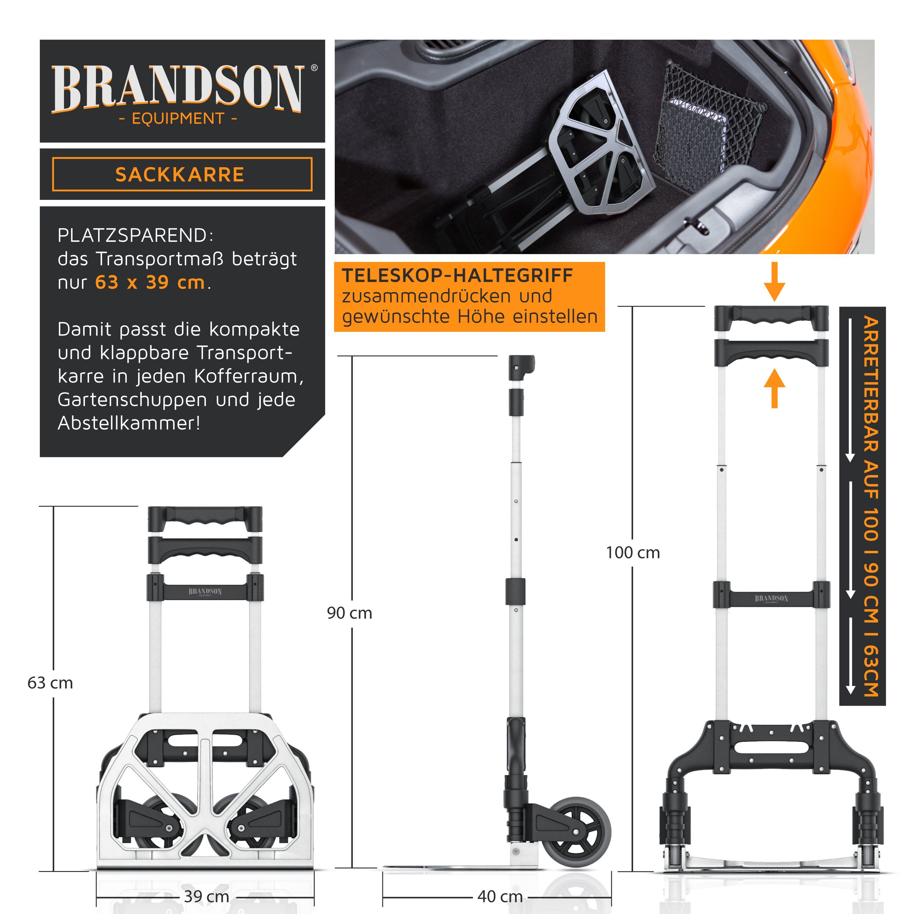 Brandson Sackkarre, Transportkarre klappbar mit 70 kg Last Vollgummireifen & Expanderseil