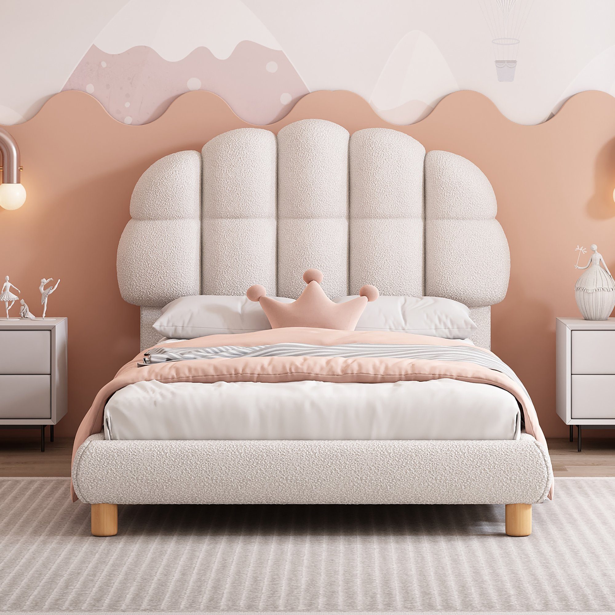 Flieks Polsterbett, Einzelbett Kinderbett 90x200cm mit Halbkreisform Kopfteil Samtbezug
