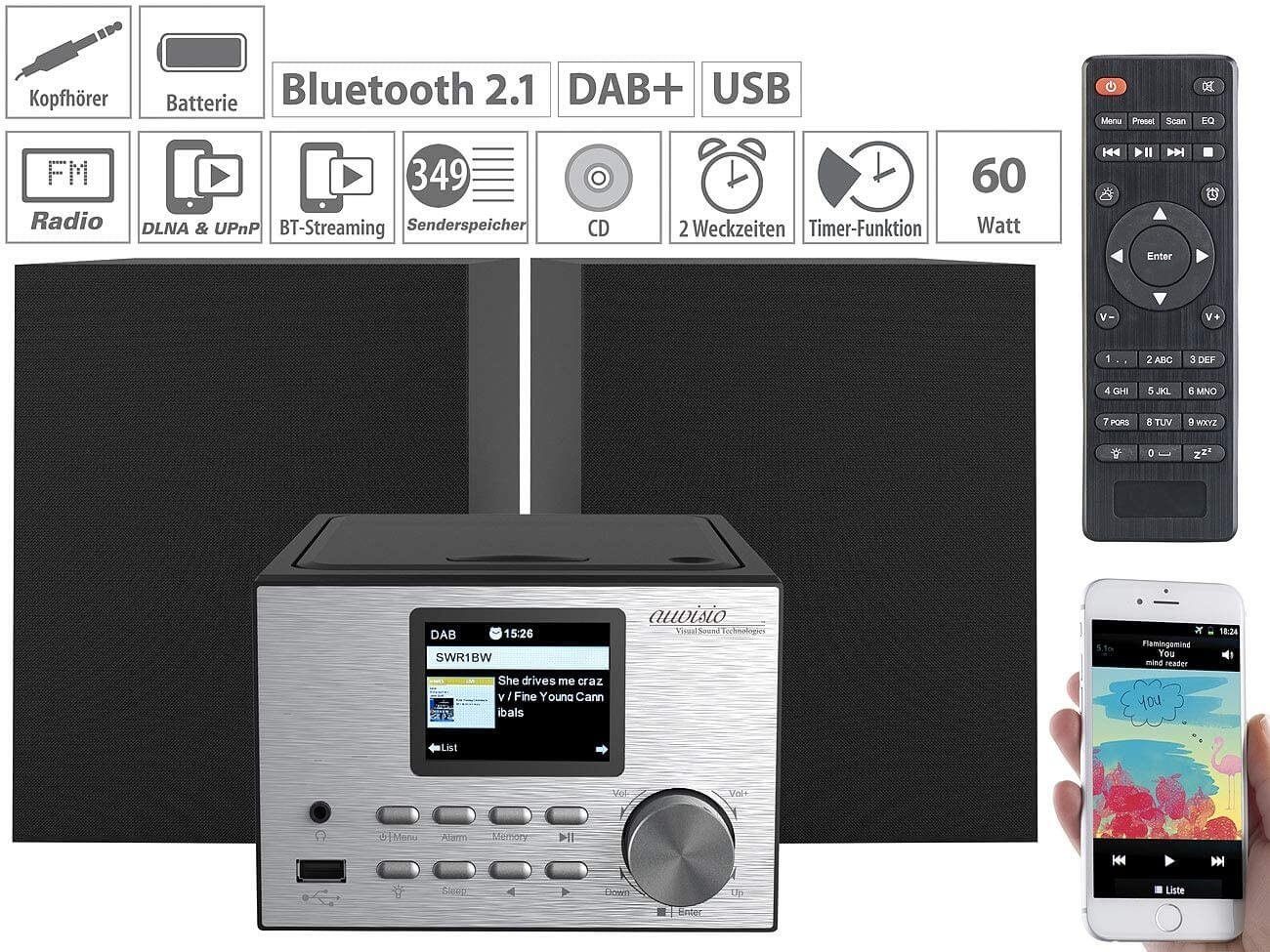 auvisio IRS-500.mini Micro-Stereoanlage mit Webradio, DAB+, FM, CD, USB, Stereoanlage (Digitalradio (DAB), FM, 30 W, Bluetooth 2.1 System mit FM/DAB+, CD-Player)