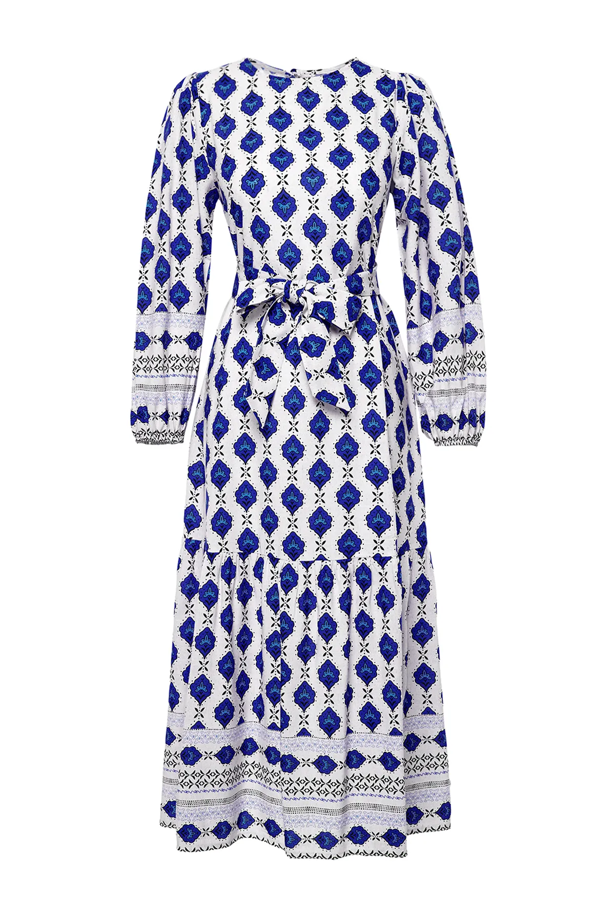 Trendyol Modest  Marineblaues, gewebtes Kleid in Leinenoptik mit ethnischem Muster TCTSS24EB00062