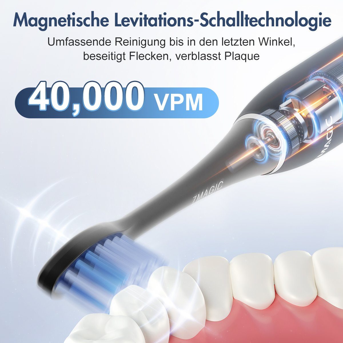 7Magic Schallzahnbürste Elektrische Zahnbürste mit 40000VPM Schalltechnologie UIltraschall, Aufsteckbürsten: 6 St., mit Reiseetui, Zahnbürstenhalter, 6 Zahnputz-Modi, 6 Zahnbürstenköpfen, Putzdauer-Erinnerung