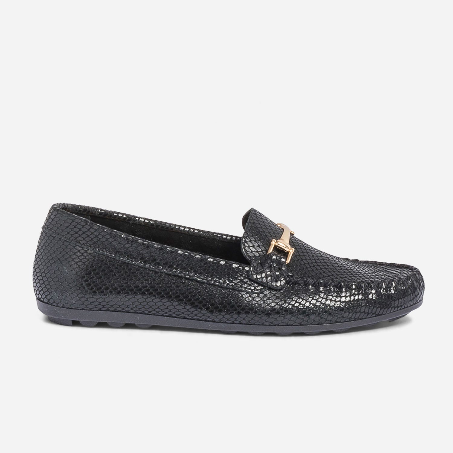 Mocassin noir en cuir velours effet python